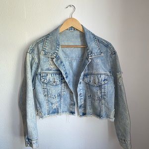 Cropped Light Wash Ripped Denim Jacket